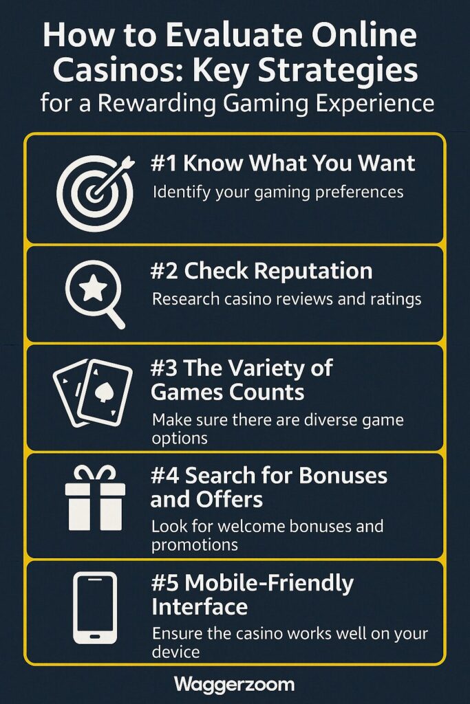 Infographic titled How to Evaluate Online Casinos: Key Strategies, with five tips—know what you want, check reputation, variety of games, search for bonuses, and mobile-friendly interface. Waggerzoom logo at the bottom.
