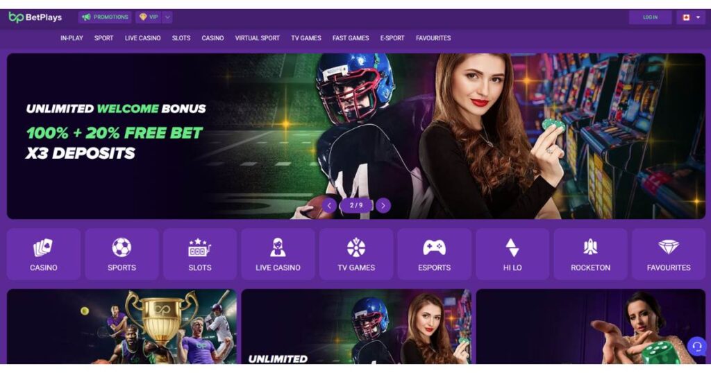 A colorful online casino homepage, perfect for a BetPlays Review, features game icons and banners with a woman holding playing cards, a football player, and slot machines. Navigation tabs for games and promotions are visible at the top.
