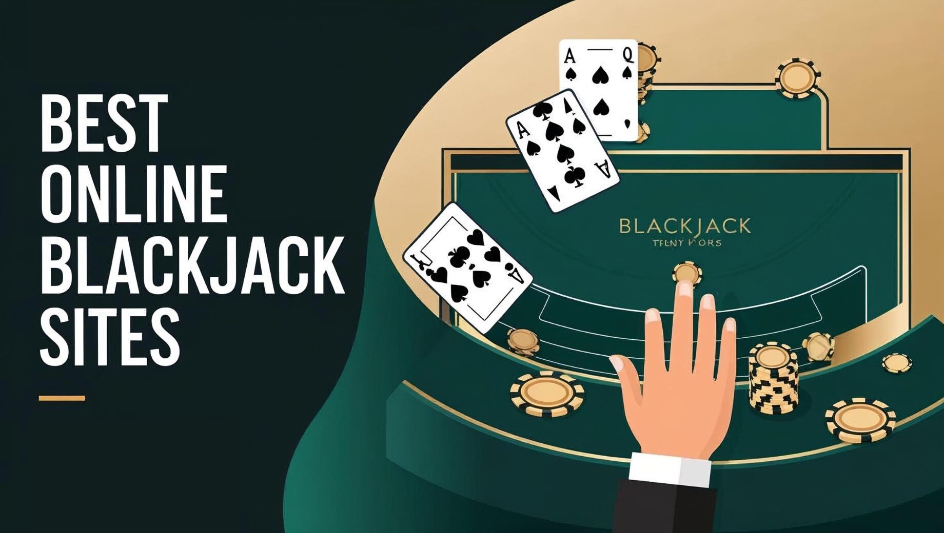 Best Online Blackjack Sites: Where to Play and Win Big 1 Illustration of a hand at a blackjack table with cards, chips, and the text Best Online Blackjack Sites. The hand eagerly reaches for an Ace of Spades and Jack of Clubs on a lavish dark and gold-themed table, showcasing the thrill that awaits at these top gaming sites.