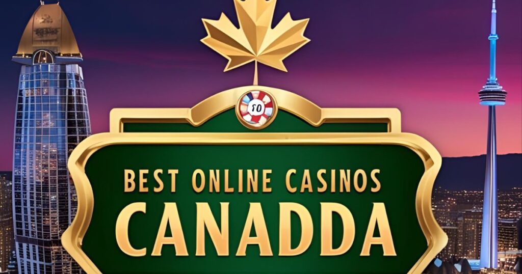A stylized image showcases the text Best Online Casinos in Canada with a golden maple leaf and poker chip above. The backdrop captures the Toronto skyline at sunset, highlighting prominent buildings against a purple-pink gradient sky.