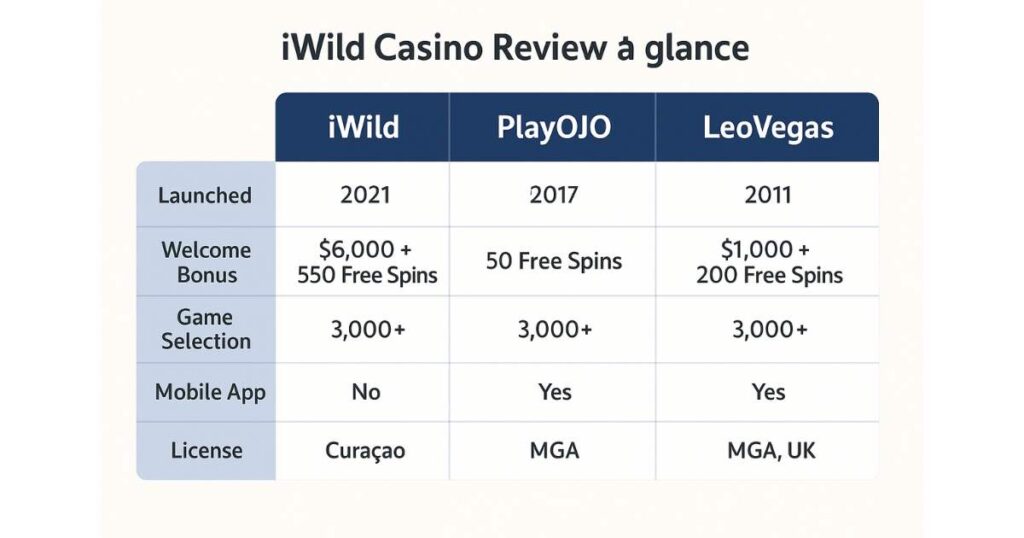 A comparison table of iWild, PlayOJO, and LeoVegas casinos showing launch year, welcome bonus, game selection, mobile app availability, license info, plus insights from our iWild Review.