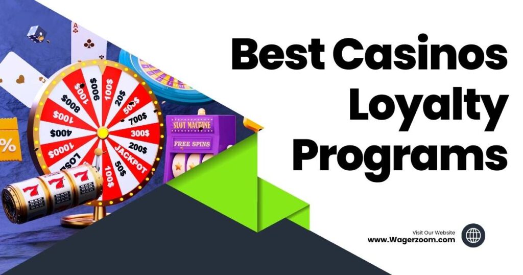Best Casino Loyalty Programs 1 A promotional image showcases a spinning prize wheel adorned with dollar amounts and the coveted Jackpot, surrounded by casino charms like poker chips and slot machines. The text highlights Best Casino Loyalty Programs inviting you to explore more at www.Wagerzoom.com.